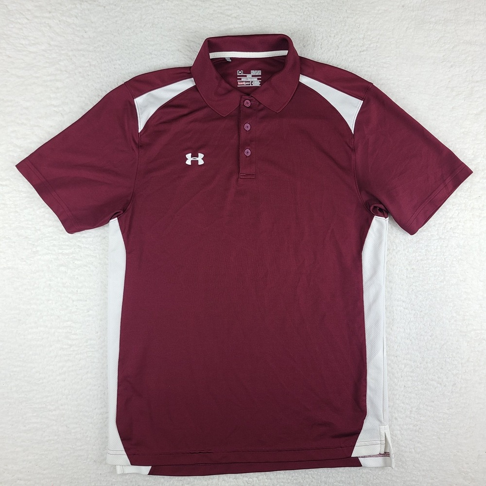 Under Armour Polo Shirt Mens Medium Burgundy Red Loose Heatgear Performance